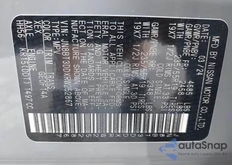 2024 Nissan Rogue Platinum Intelligent Awd z USA, uszkodzony, nr VIN JN8BT3DDXRW252867